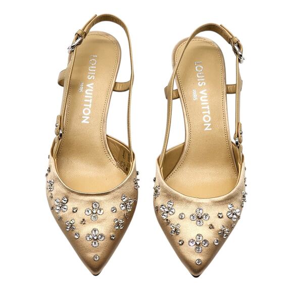 Louis Vuitton Mirage Blossom Slingback Heels Satin Crystals Gold EU 36 US 5.5 - Picture 4 of 10